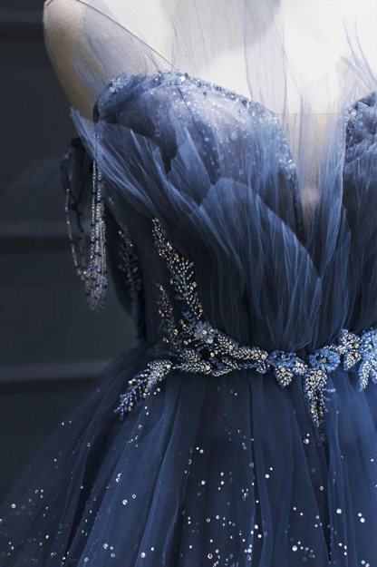 A line Royal Blue Tulle Beaded Long Senior Prom Dress P2206