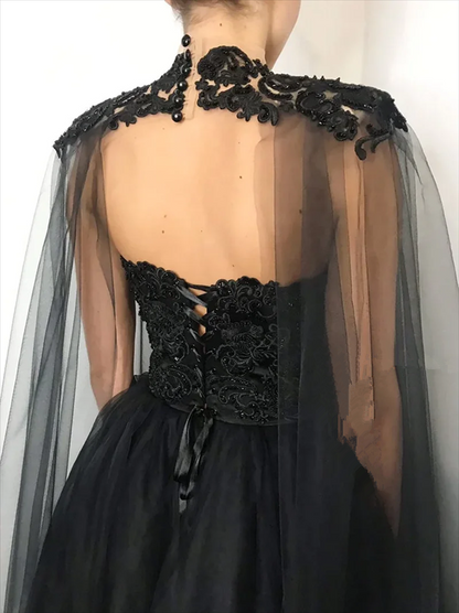 Vintage A line Beaded Strapless Tulle Long Prom Dress Black Formal Dress P1306