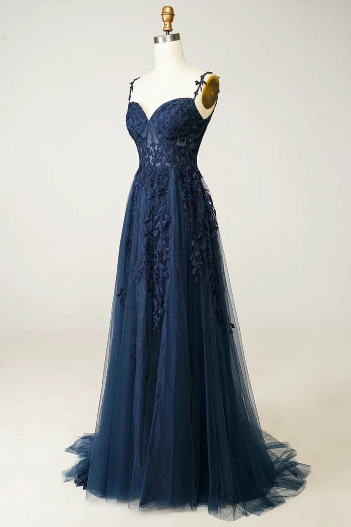 Beautiful A line Spaghetti Straps Navy Blue Lace Prom Dresses Formal Dress P2229