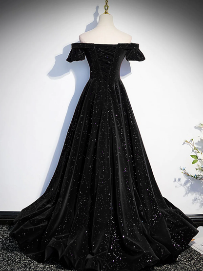 Simple A line Off the Shoulder Shiny Green Black Long Prom Dresses P2237