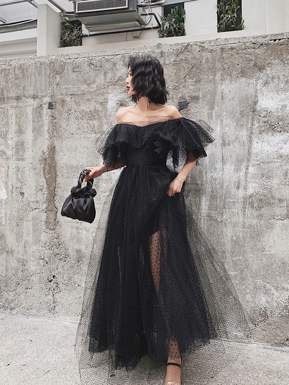 Black Tulle Long Prom Dress, Formal Dress Black Graduation Dresses Y513