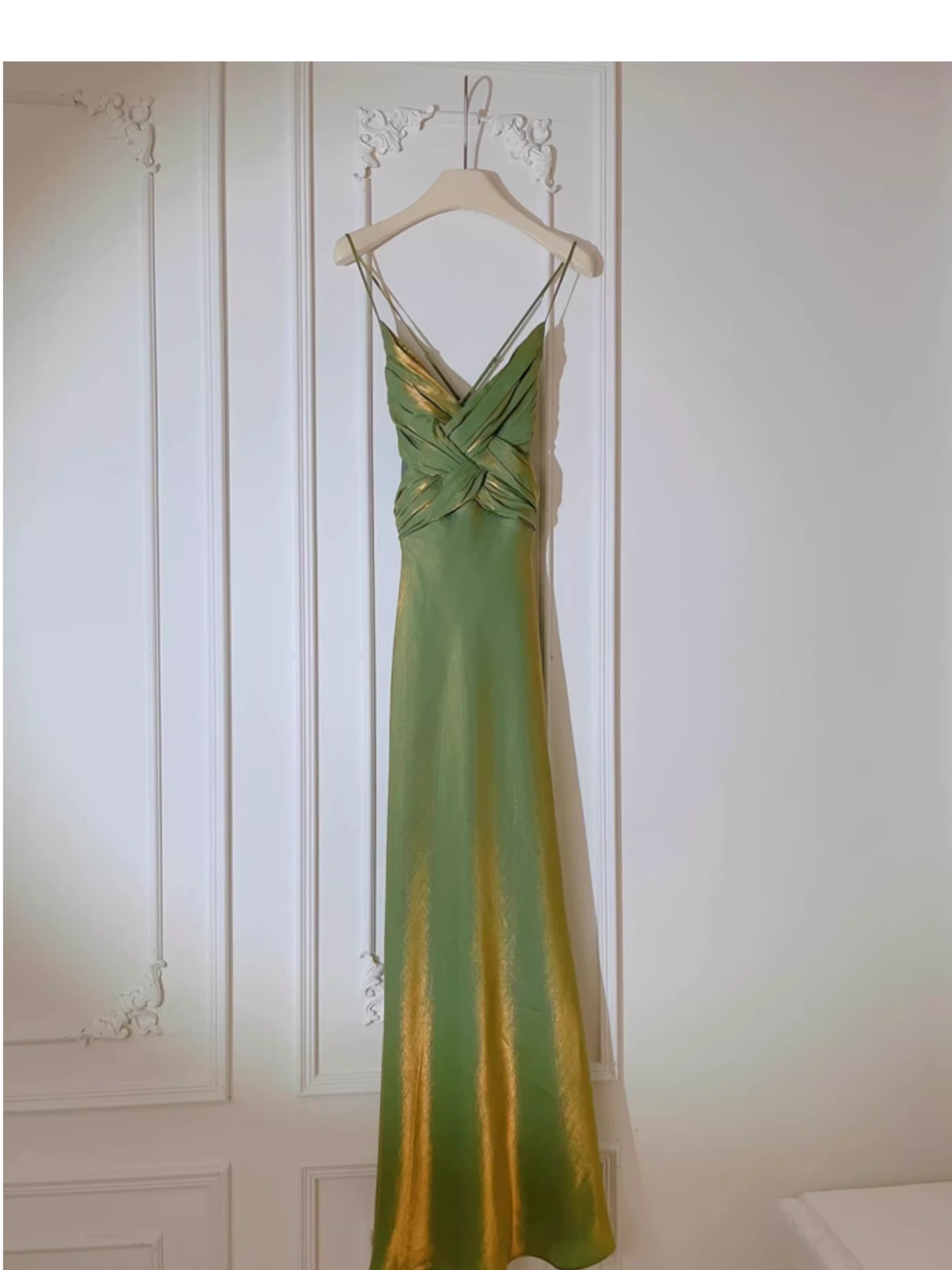 Elegant Green Spaghetti Straps Satin Mermaid Long Party Dress Formal Wedding Guest Dress SP1980