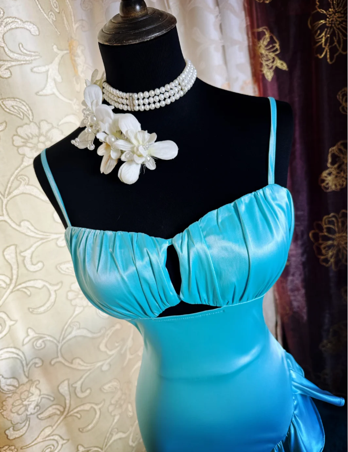 Sexy Spaghetti Straps Blue Satin Ruffles Slit Long Party Dress Formal Wedding Guest Dress SP1944