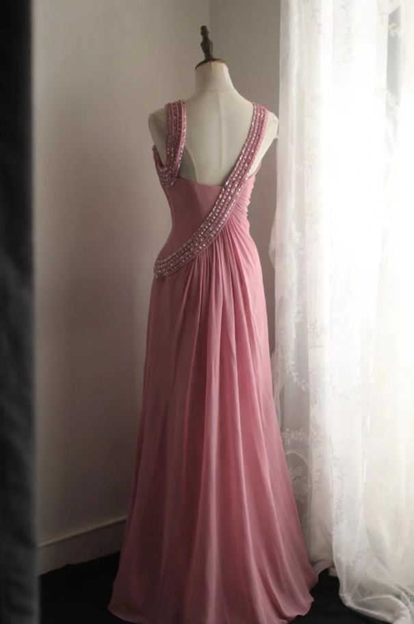 Pretty Pink Chiffon Beaded Mermaid Long Party Dress Evening Gown