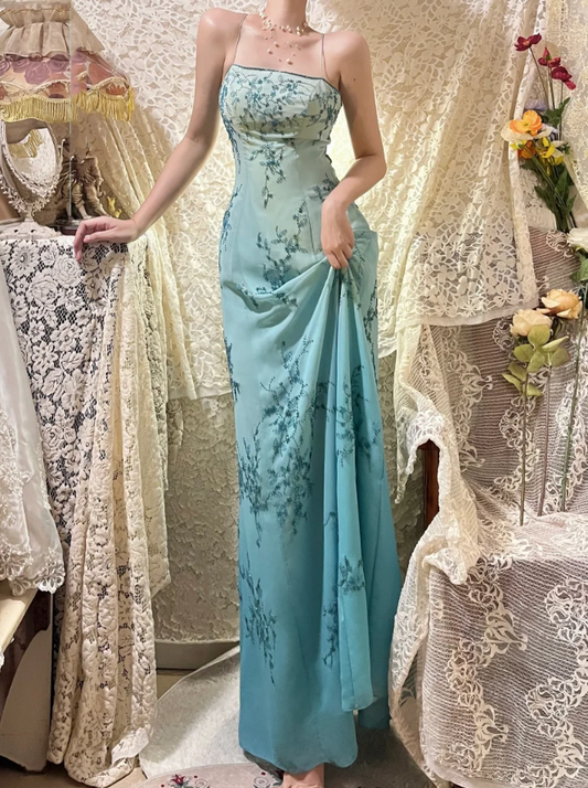 Gorgeous Spaghetti Straps Omber Blue Chiffon Beaded Mermaid Long Party Dress Evening Gown