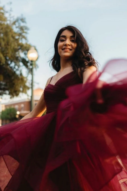 High Low Burgundy Tulle Long Prom Dress, Wine Red High Low Formal Evening Dress Y1521
