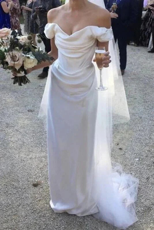 omberprom Elegant Off Shoulder Satin Simple Light Wedding Dress Floor Length Charming Party Dress No With Wedding Veil
