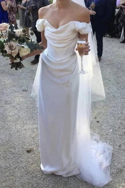 omberprom Elegant Off Shoulder Satin Simple Light Wedding Dress Floor Length Charming Party Dress No With Wedding Veil