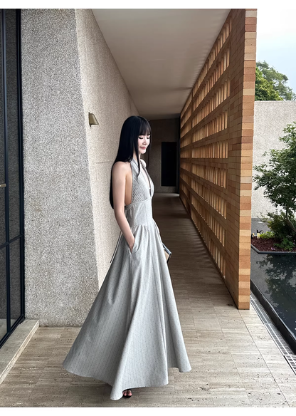 Fashion Halter Gray satin Pleated A Line Long Wedding Guest Dress Backless Long Evening Dress Prom Gown With Pockets
