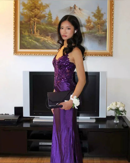 Vintage Purple Glittering Beaded Evening Gown Sheath Applique Spaghetti Strap Party Dress High Slit Long Formal Dress TP4969