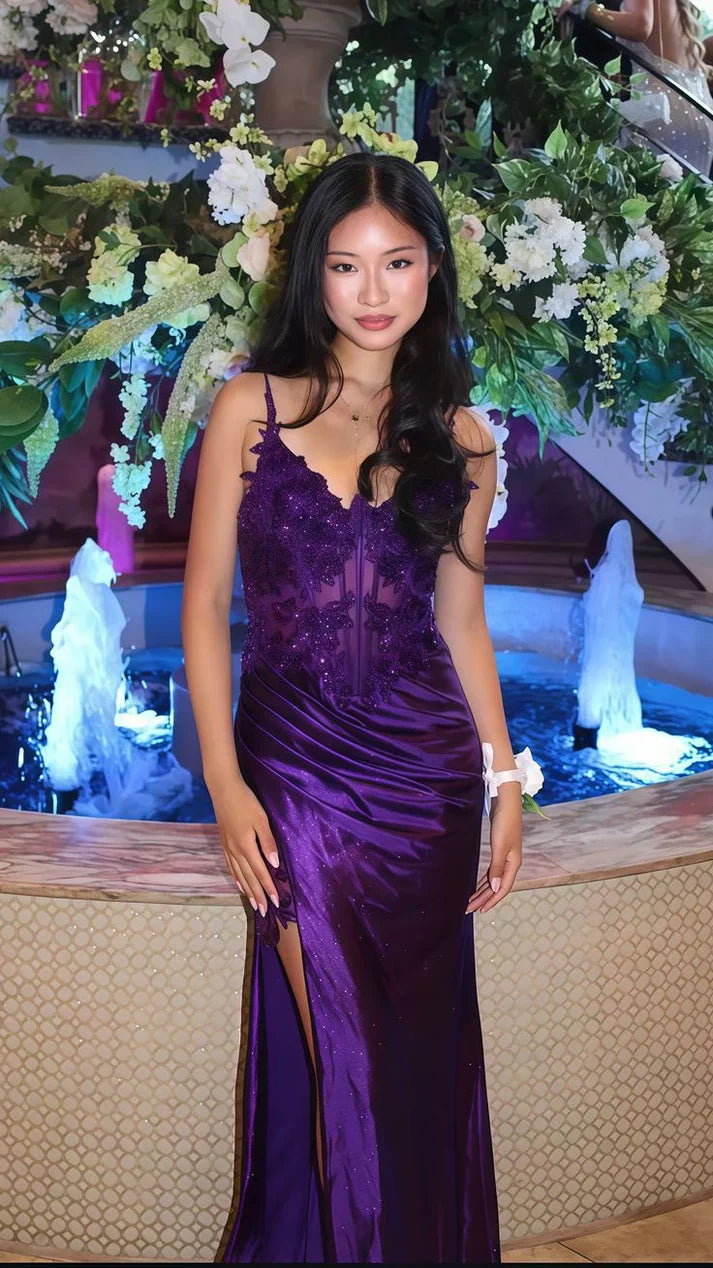 Vintage Purple Glittering Beaded Evening Gown Sheath Applique Spaghetti Strap Party Dress High Slit Long Formal Dress TP4969