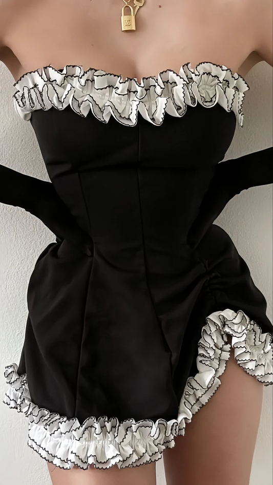 Gorgeous Sweetheart Neck Black Satin Ruffle Short 20th Birthday Dress Homecoming Dress With Gloves Y9893