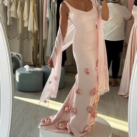 Pretty Pink Satin 3D Rose Flowers Mermaid Party Dress Long Evening Gown