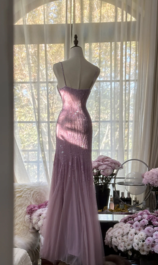 Elegant Spaghetti Straps Purple Chiffon Beaded Mermaid Long Party Dress Evening Gown