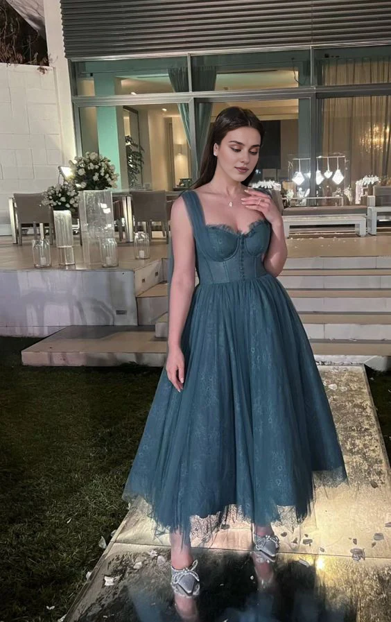 omberprom Elegant Formal Women's Dresses Blue A Line Tulle Prom Dress Lace Evening Party Gown