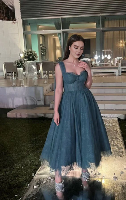 omberprom Elegant Formal Women's Dresses Blue A Line Tulle Prom Dress Lace Evening Party Gown