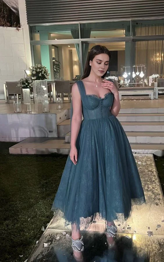 omberprom Elegant Formal Women's Dresses Blue A Line Tulle Prom Dress Lace Evening Party Gown