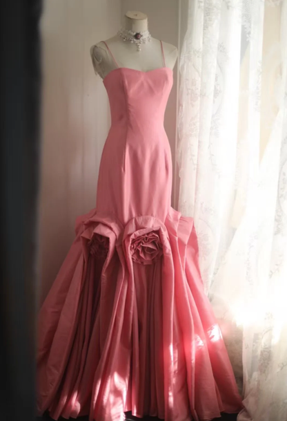 Elegant Spaghetti Straps Pink Satin Pleated Floral Mermaid Long Party Dress Birthday Evening Gown