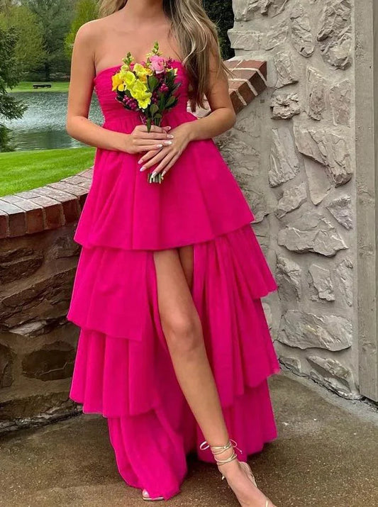Fuchsia A-Line Strapless Layers Cute Party Dress Off Shoulder Formal Dress With Slit Wholesale