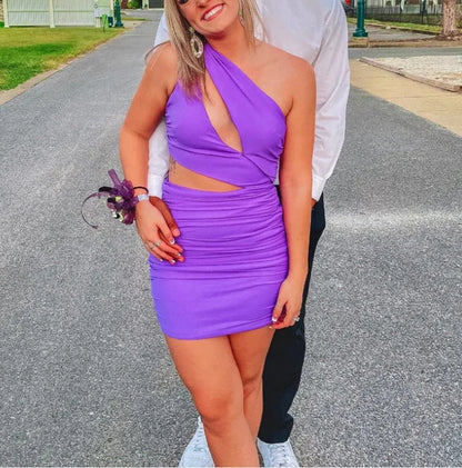 Purple One Shoulder Tight Cut Out Homecoming Dress Sexy Party Dress Wholesale