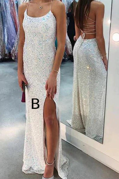 PM093,Shiny Spaghetti Straps Mermaid White Sequin Prom Evening Dress Gown For Women