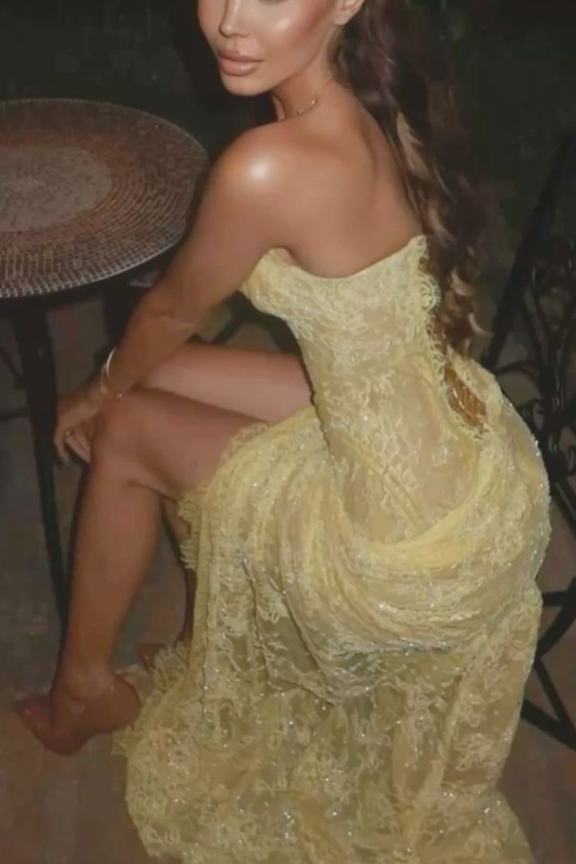Gorgeous Strapless Yellow Lace Sequin High Slit Mermaid Long Prom Dress Evening Gown
