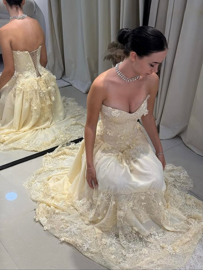 Elegant Yellow Sweetheart Neck Chiffon Lace Appliques Long Prom Dress Birthday Party Gown
