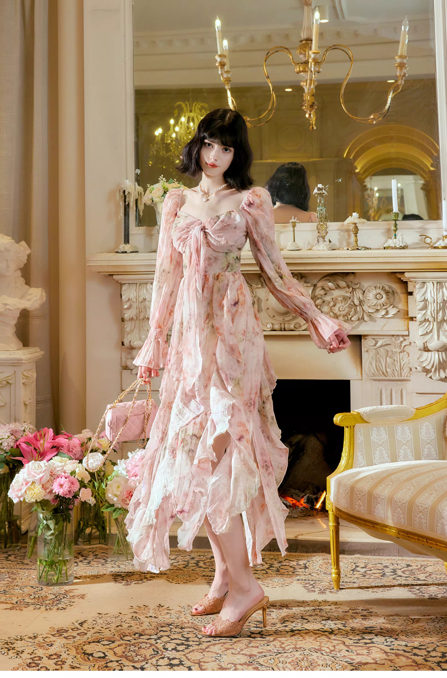 Glamorous Pink Chiffon Print Floral Long Birthday Party Dress Prom Gowns SP2010