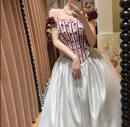 Unique Off The Shoulder Ball Gown White Satin Embroidery Flowers Long Birthday Party Dress Prom Gown