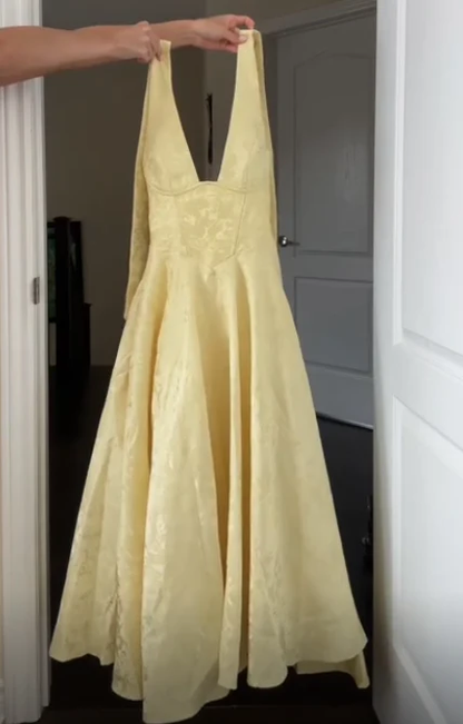 Deep V Neck Yellow Satin Print Floral Party Evening Gown Halter Prom Dress cc2187