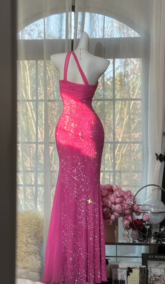 Sparkly One Shoulder Pink Chiffon Sequin Beaded Mermaid Long Evening Dress Formal Party Dress Birthday Prom Gown