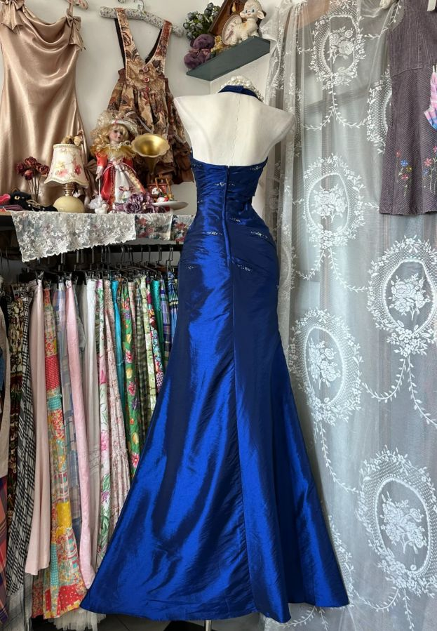 Vintage Blue Halter Satin Beaded Mermaid Evening Dress Prom Gown Long Wedding Guest Dress SP1473