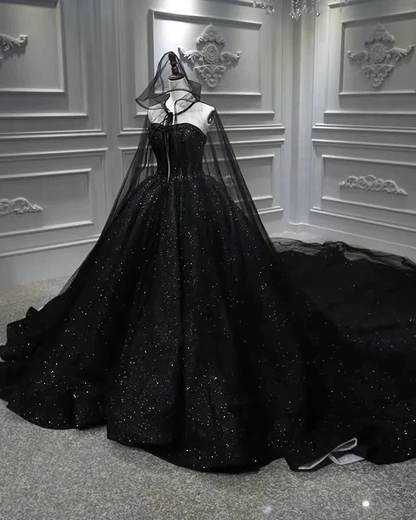 Sequin Shiny Strapless Black Ball Gown Princess Prom Dresses Y56