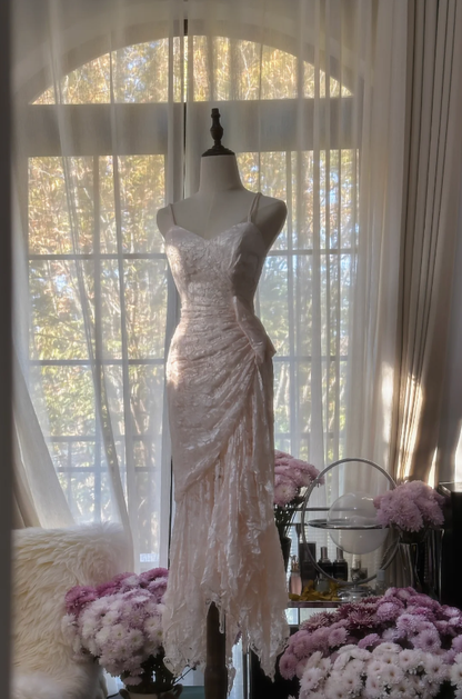 Pretty Spaghetti Straps Light Pink Lace Pleated Mermaid Long Wedding Guest Dress Formal Prom Dress Party Gown
