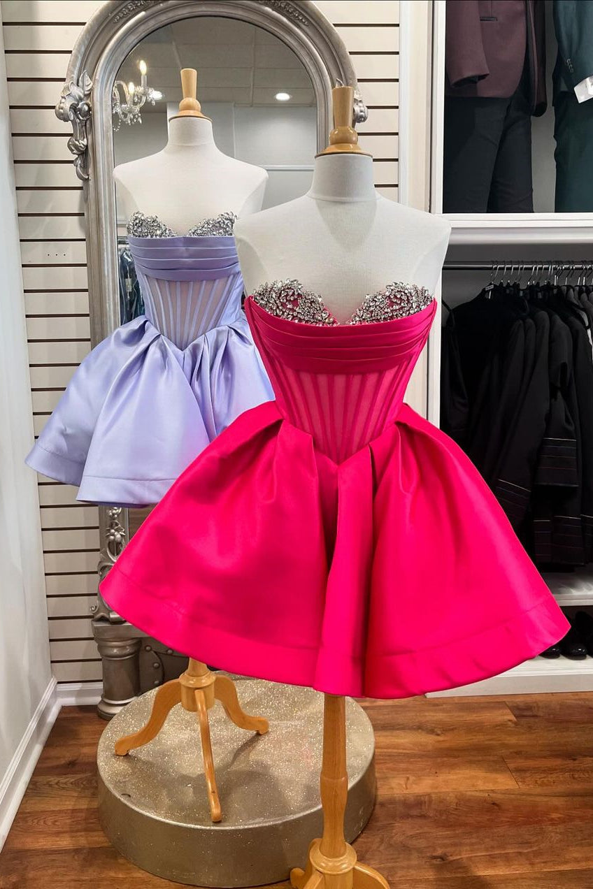 Beaded Red A Line Homecoming Dress with Sweetheart Neckline and Short Satin Skirt