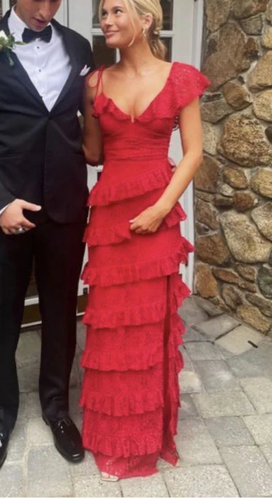 Red Lace Sheath Long Prom Dress, AST899