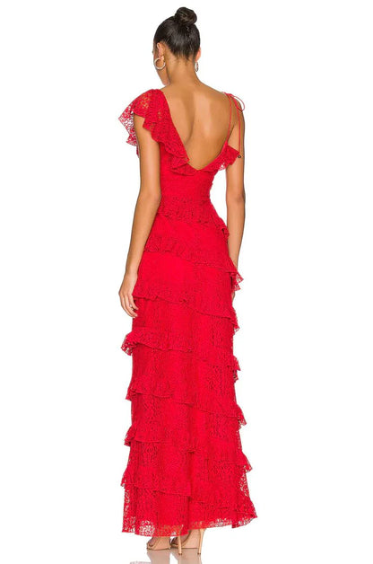 Red Lace Sheath Long Prom Dress, AST899