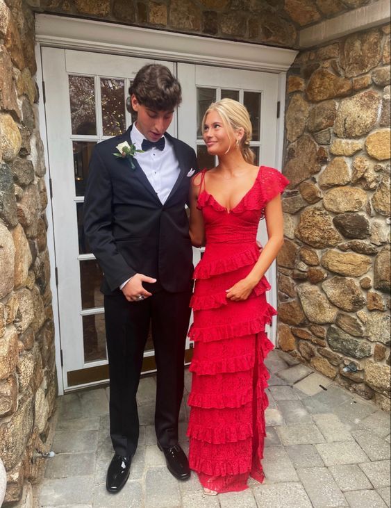 Red Lace Sheath Long Prom Dress, AST899