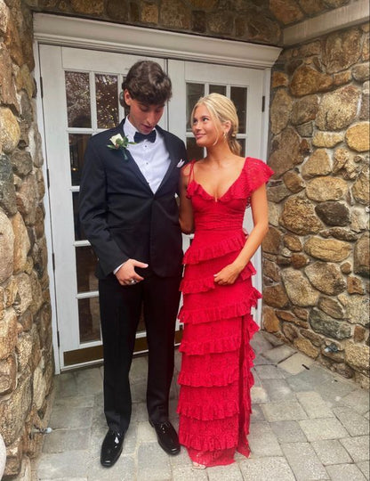 Red Lace Sheath Long Prom Dress, AST899
