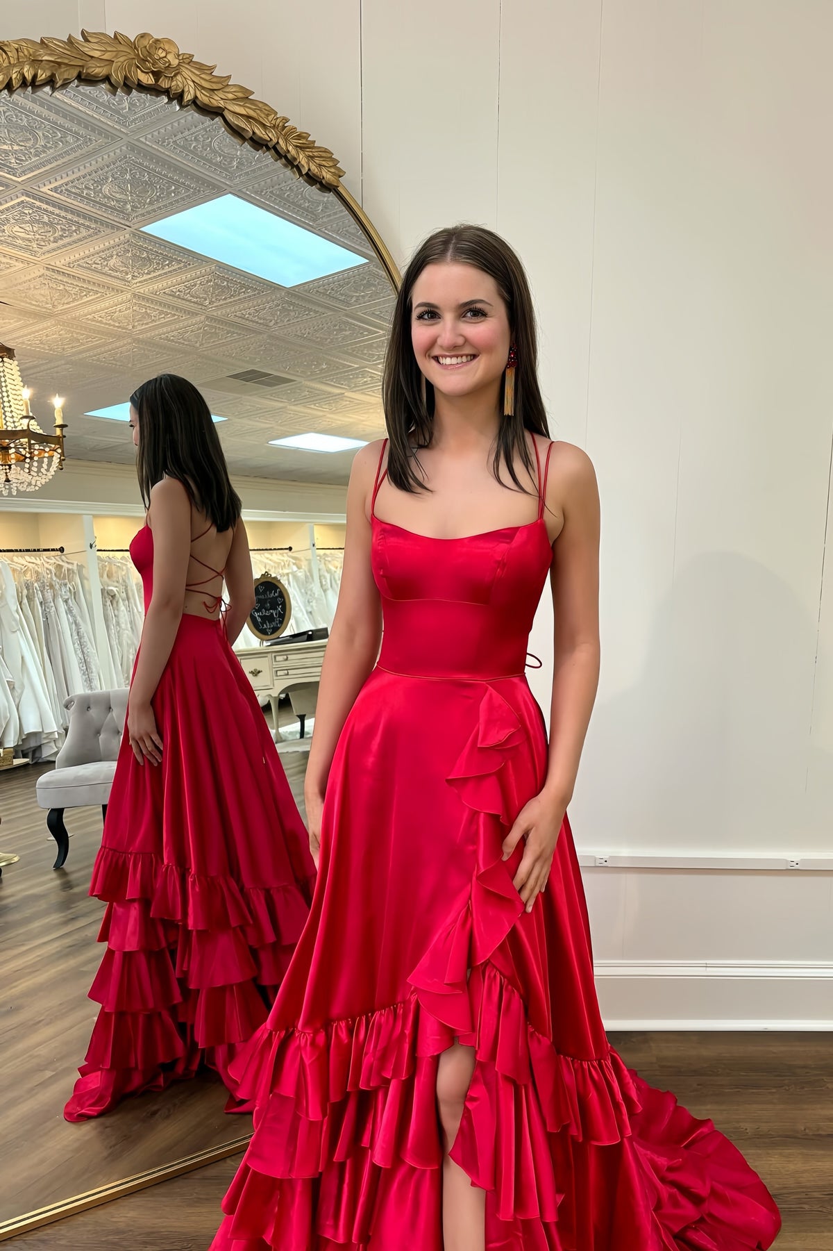 Red Ruffle Prom Dress Red Prom Dresses, Ruffles Evening Dress, Spaghetti Straps Party Dresses ...