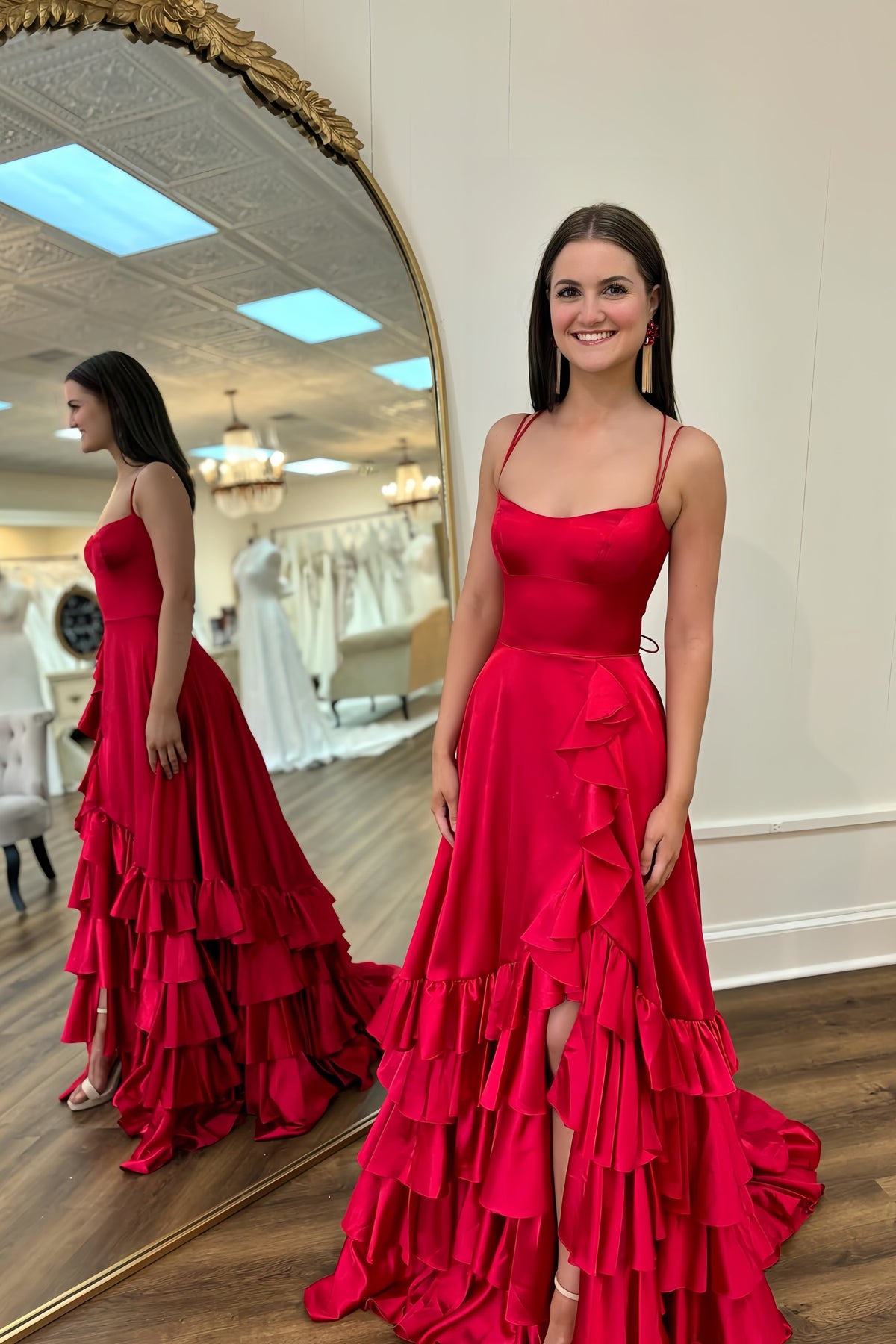 Red Ruffle Bottom Prom Dress Red Prom Dresses, Ruffles Evening Dress, Spaghetti Straps Party Dresses ...