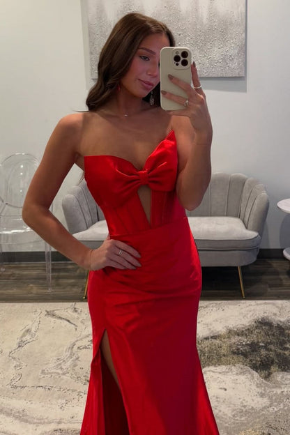 Red Strapless Bow Front Long Mermaid Prom Dress with High Slit