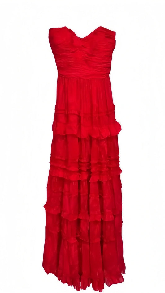 Red Strapless Long Prom Dress - Ruffle A-Line Evening Party Gown