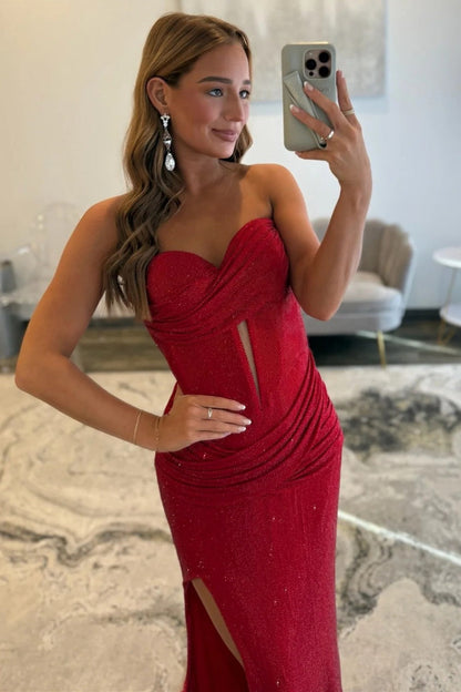 Red Sweetheart Glitter Corset Bodice Mermaid Prom Dress with Slit