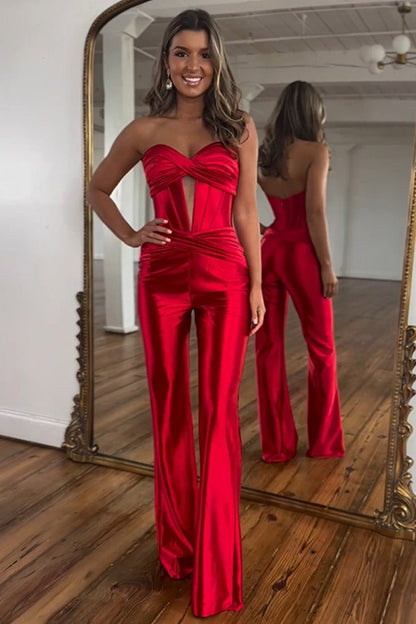 Red Sweetheart Strap Metallic Long Prom Jumpsuit with Corset Bodice