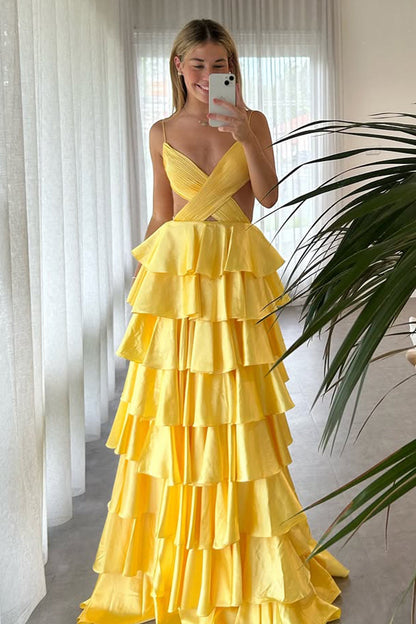 Red Tiered Ruffle A-Line Satin Prom Dress with Deep V-Neck & Cutout Waist