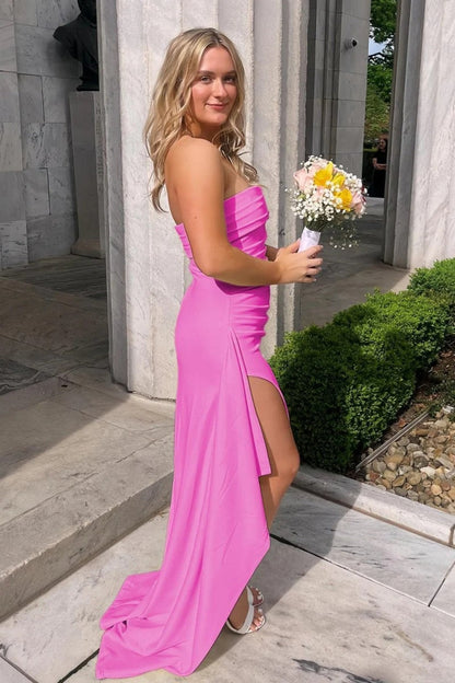 Red Strapless Ruched Strapless Long Mermaid Prom Dress with High Slit