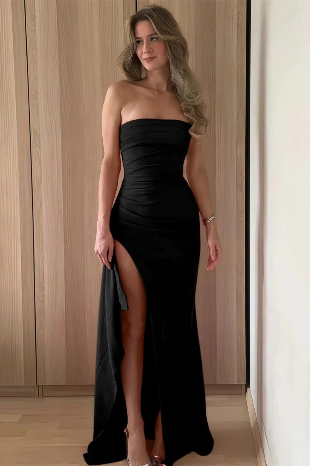Red Strapless Ruched Strapless Long Mermaid Prom Dress with High Slit