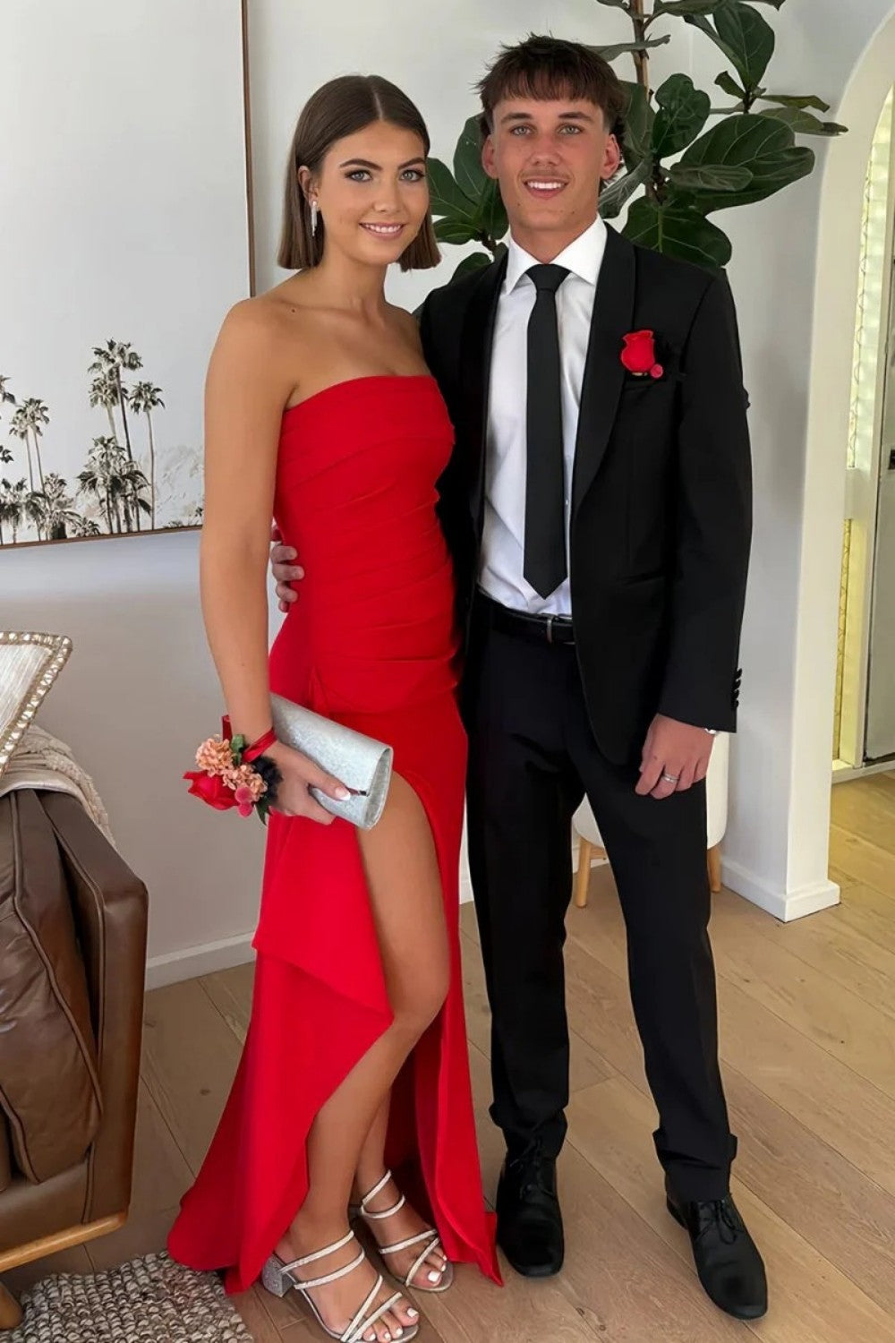 Red Strapless Ruched Strapless Long Mermaid Prom Dress with High Slit