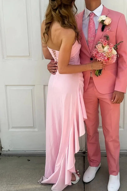 Red Strapless Ruched Strapless Long Mermaid Prom Dress with High Slit